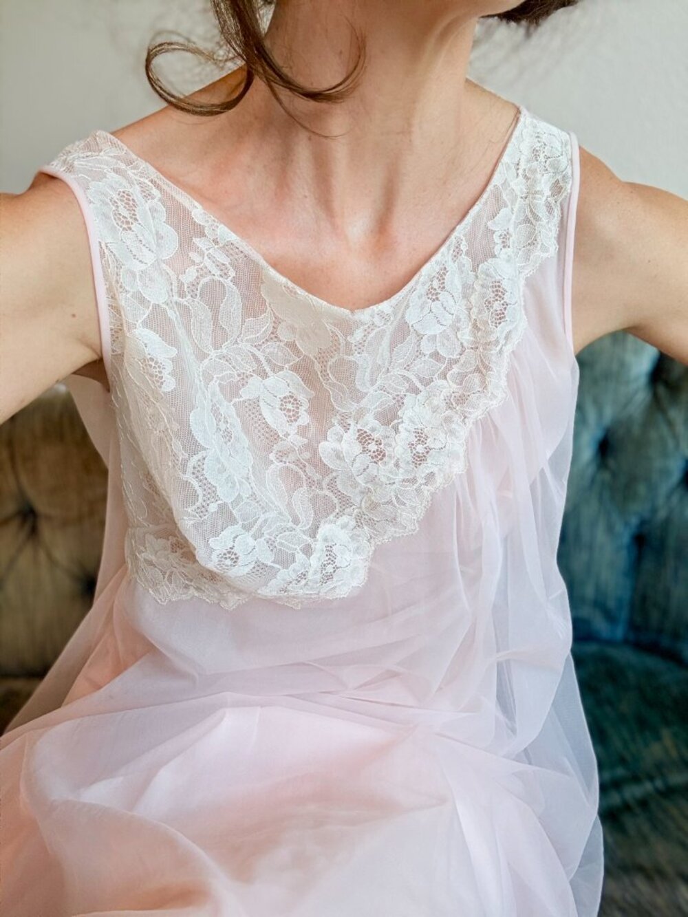 Vintage Full Length Pink Lace Slip Dress Medium Nylon NIghtgown USA Made 34